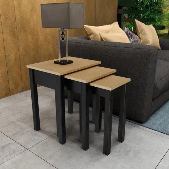 Mesa de Canto Kit 3 Peças Finestra Madri Madeira Maciça Roble e Preto