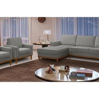 Kit Sofá 3 Lugares 2,10m com Chaise Esquerdo e 2 Poltronas Living Lavinia Linho Cinza Adonai Estofados
