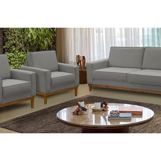 Kit Sofá 2 Lugares 1,80m e 2 Poltronas Living Lavinia Linho Cinza Adonai Estofados
