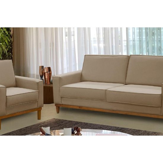 Kit Sofá 2 Lugares 1,80m e Poltrona Living Lavinia Linho Bege Adonai Estofados