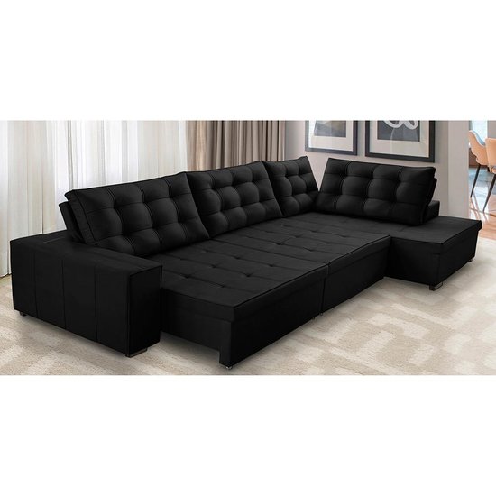Sofá de Canto Retrátil e Reclinável com Molas 3,00x2,00 Jacke Suede Preto Adonai Estofados
