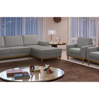 Kit Sofá 3 Lugares 2,10m com Chaise e 2 Poltronas Living Lavinia Linho Cinza Adonai Estofados