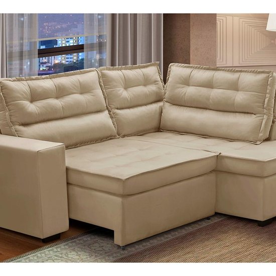 Sofá de Canto Retrátil e Reclinável com Molas 2,50x2,00 Virginia Suede Bege Adonai Estofados