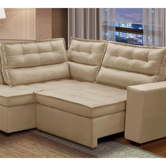 Sofá de Canto Retrátil e Reclinável com Molas 2,50x2,00 Esq Virginia Suede Bege Adonai Estofados