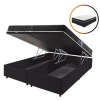 Cama Box Baú Queen Preta + Colchão Espuma D70/D28 Atlanta Branco 158x198x59cm Dupla Face Bordado