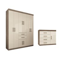 Guarda Roupa Casal 8 Portas Verona + Comoda 1 porta 4 gavetas Santos Andira Castanha/ Off White