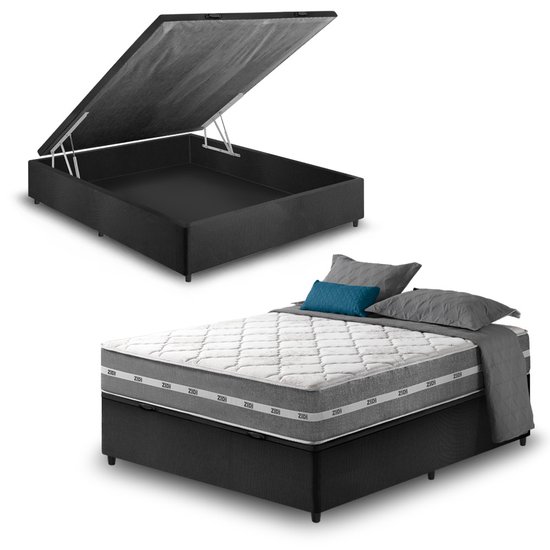 Cama Box Com Baú Viúva Preto + Colchão Molas Ensacadas Miami 128x188x64cm 614542