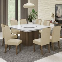 Conjunto De Mesa Sala de Jantar Com Tampo Giratório Amesterdã 1,36m 8 Cadeiras Grécia Cedro / Off White / Bege Dobuê