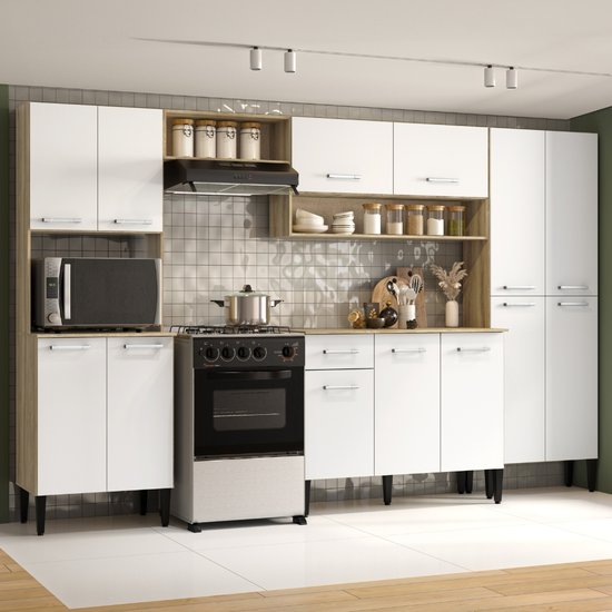 Cozinha Completa Arizona Plus com Armário e Balcão Carraro - Carvalho/Branco