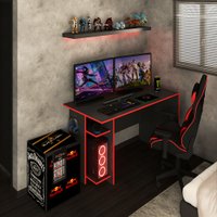 Mesa Gamer Vênus 2 Prateleiras Preto Fosco/Vermelho