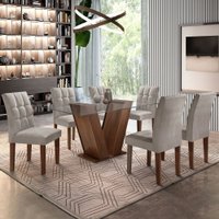Mesa de Jantar 6 Lugares Vitória com Vidro Chocolate/Linho Cinza 615398