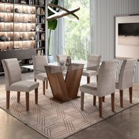 Mesa de Jantar 6 Lugares Classic com Vidro Chocolate/Linho Cinza 615447