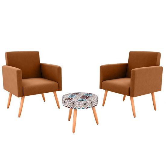 Conjunto Com 2 Poltronas e 1 Puff Dallas Matrix - Estampado/Terracota 614359