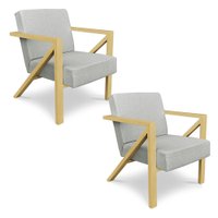 Kit 2 Poltronas Para Sala de Estar Angel Linho Cinza Base Metálica Dourada - Pallazio