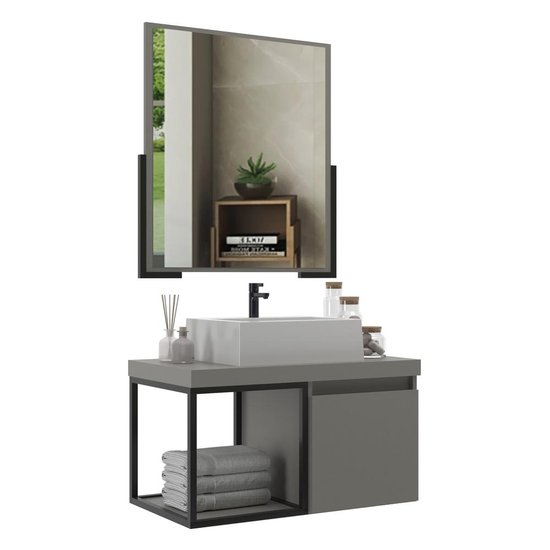 Gabinete Banheiro 80cm com Cuba e Espelheira Multimóveis CR10107 Cimento