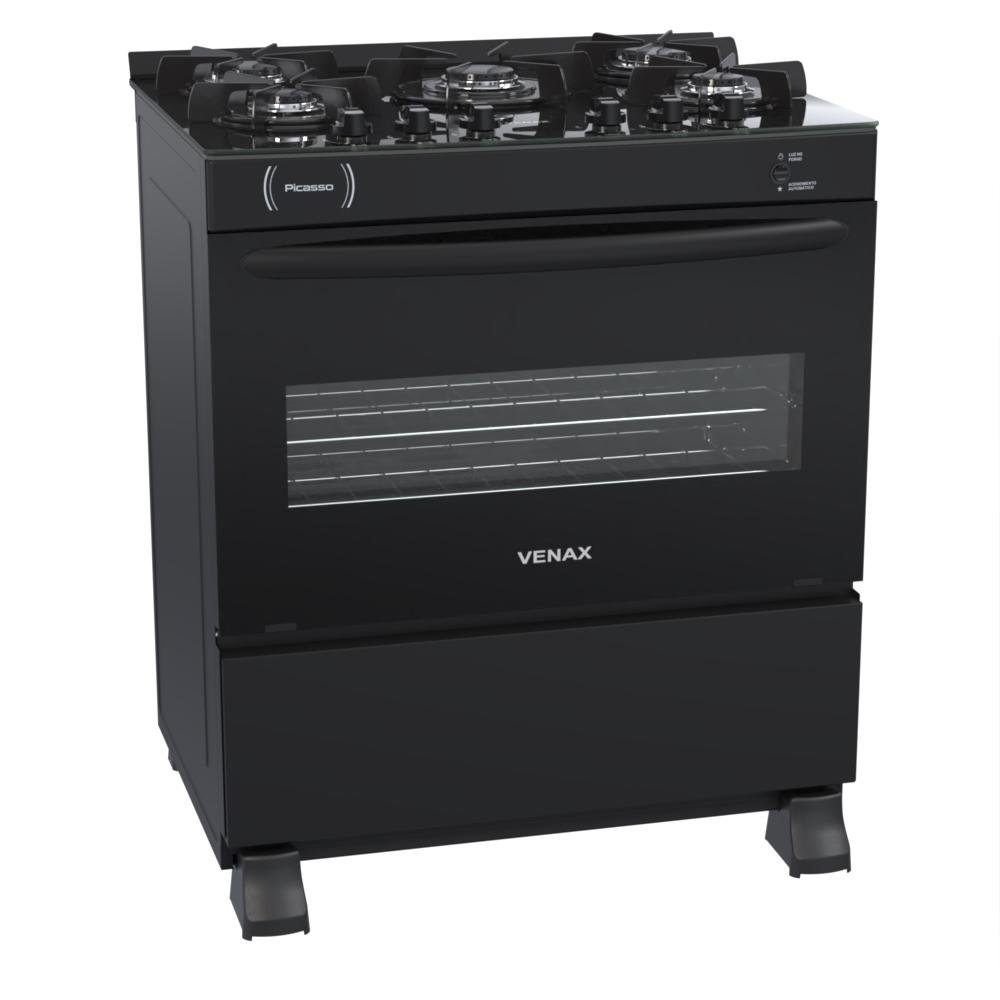 Fogão 5 Bocas Venax Picasso Vitreo Preto Mesa em Vidro - Bivolt - 22135