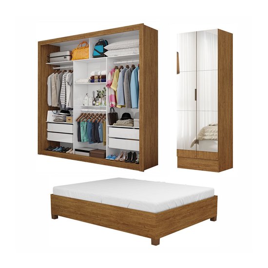 Quarto Completo Casal Closet Clarice 4 Gavetas Sapateira 2 Portas Premium e Cama Carioca Móveis Freijó