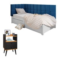 Kit Mesinha Dream Preto/Cinamomo 2 Gavetas Cabeceira Suspensa Aurora Azul Solteiro - RPM Móveis