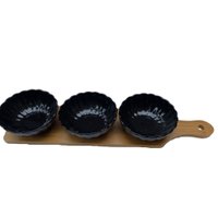 Petisqueira de Bambu com 3 bowls de Porcelana e espatulas PR