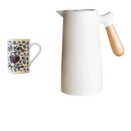 Garrafa Termica Branca Nordica 1 L com cabo madeira e caneca