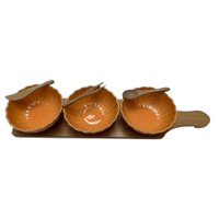 Petisqueira de Bambu com 3 bowls de Porcelana e espatulas LR
