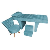 Kit Maca Reta Capitonê 0,60m Sophia com Mocho Base Madeira e Escada Veludo Azul Turquesa - Pallazio