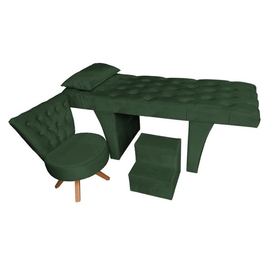 Kit Maca Reta Capitonê 0,60m Sophia com Mocho Base Madeira e Escada Veludo Verde - Pallazio