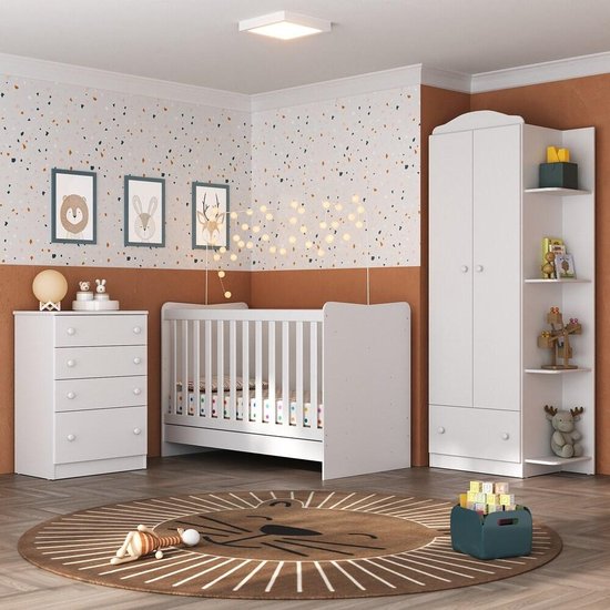 Quarto Infantil Completo João e Maria com berço 4 em 1 Mais colchão Multimóveis Mais Roupeiro e cômoda Bco