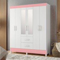 Guarda Roupas Casal com Espelho 6 Portas 2 Gavetas Mobi Branco / Rosa Flex Albatroz