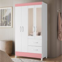 Guarda Roupas Solteiro com Espelho 4 Portas 2 Gavetas Mobi Branco / Rosa Flex Albatroz
