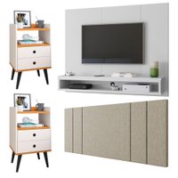 Painel TV 50 Polegadas Branco Cabeceira Cama Casal 1,40 Bege Linho Kit 2 Mesinhas Quarto Gaveta Nicho Off/Cinamomo- RPM