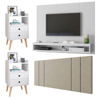 Painel TV 50 Polegadas Kit 2 Mesinhas Quarto Gaveta Nicho Branco Cabeceira Estofada Cama Casal 1,40 Bege Linho - RPM