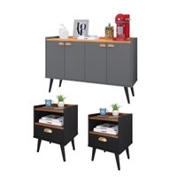 Kit 2 Mesinhas Cabeceira Estilo Preto/Freijó 1 Gaveta Nicho Buffet Kiev Cantinho Café Cinza/Cinamomo
