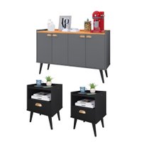 Kit 2 Mesinhas Cabeceira Estilo Retrô Preto Gaveta Nicho e Buffet Kiev Cantinho Café Cinza/Cinamomo