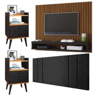 Painel Ripado Freijó Tv 50 Polegada Cabeceira Estofada Cama Box Casal 1,40 Kit 2 Mesinhas Quarto Nicho Preto/Cinamomo