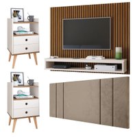 Kit 2 Mesinhas Gavetas Nicho Quarto Painel TV 50 Polegadas Ripado Freijó/Off Cabeceira Estofada Cama Box Casal 1,40 Bege