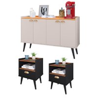 Kit 2 Mesinhas Cabeceira Estilo Preto/Freijó 1 Gaveta e Buffet Kiev Cantinho Café Off White/Cinamomo