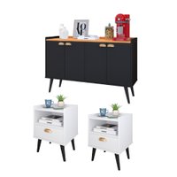 Kit 2 Mesinhas Cabeceira Estilo Branco 1 Gaveta Nicho e Buffet Kiev Cantinho Café Preto/Cinamomo