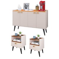 Kit 2 Mesinhas Cabeceira Estilo Off/Freijó Gaveta Nicho Buffet Kiev Cantinho Café Off White/Cinamomo
