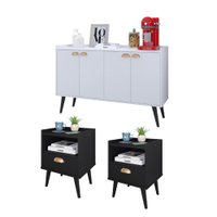 Kit 2 Mesinhas Cabeceira Estilo Retrô Preto 1 Gaveta Nicho e Buffet Kiev Cantinho Café Branco