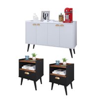 Kit 2 Mesinhas Cabeceira Estilo Retrô Preto/Freijó 1 Gaveta Nicho e Buffet Kiev Cantinho Café Branco