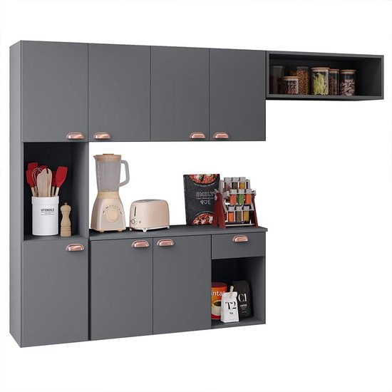 Armário Suspenso Cozinha Completa Estilo Planejado 3 Módulos Puxador Concha Lady - Cinza - RPM