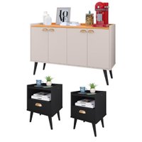 Kit 2 Mesinhas Cabeceira Estilo Preto 1 Gaveta Nicho e Buffet Kiev Cantinho Café Off White/Cinamomo
