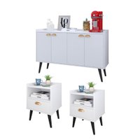 Kit 2 Mesinhas Cabeceira Estilo Retrô 1 Gaveta Nicho Decorativo e Buffet Kiev Cantinho Café Branco