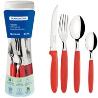 Faqueiro Tramontima Ipanema Vermelho Jogo de Talheres 24 peças Pote Plástico Aço Inox