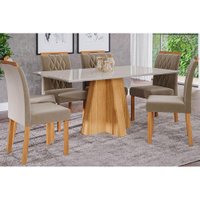 Conjunto: Mesa Sala Jantar Patrícia c/ Tampo Madeirado 160cm + 6 Cadeiras Juliana Madeira/Suede Joli - Cimol