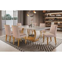 Conjunto: Mesa Sala Jantar Jade c/ Tampo Madeirado c/ Vidro Canto Curvo 180cm + 6 Cadeiras Jade Imbuia/Bege - Rufato
