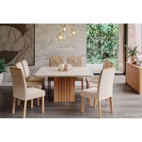 Sala de Jantar Completa Ana c/ Tampo Madeirado c/ Vidro 130cm + 8 Cadeiras Fernanda Nature/OW/Nude - Cimol