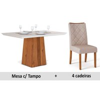 Conjunto: Mesa Sala Jantar Itália c/ Tampo Madeirado c/ Vidro 120cm + 4 Cadeiras Golden Terrara/OW/Claro - DJ Móveis