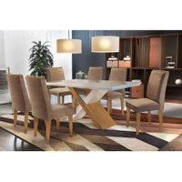 Conjunto: Mesa Sala Jantar Imperatriz c/ Tampo Madeirado Canto Reto 180cm + 6 Cadeiras Lunara Imbuia/Chocolate - Rufato